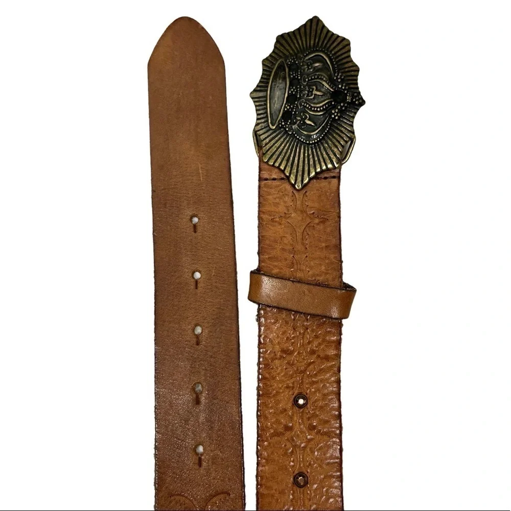OLGA SANTINI Belt Vintage Tooled Leather Metal Crown Buckle Y2K 90s Style Medium